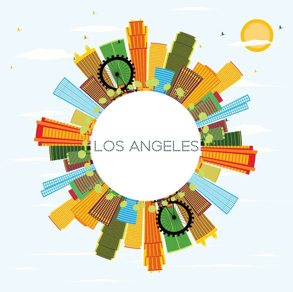 Los Angeles Skyline met kleur gebouwen, blauwe hemel en kopie vriendelij — Stockvector