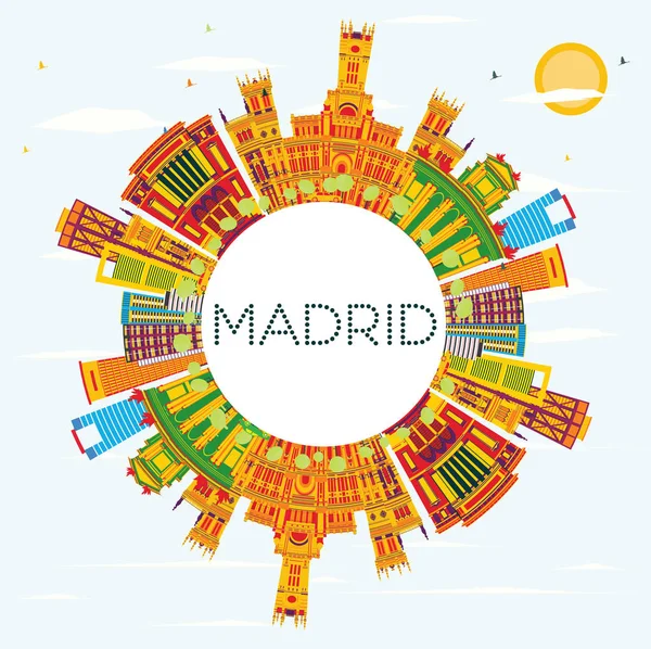 Madrider Skyline mit farbigen Gebäuden, blauem Himmel und Kopierraum. — Stockvektor