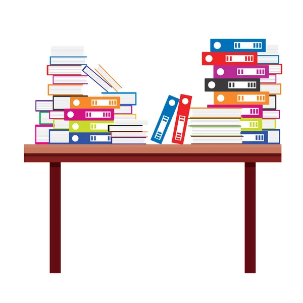 Montón de libros y carpetas de archivos de documentos en una tabla de madera . — Vector de stock