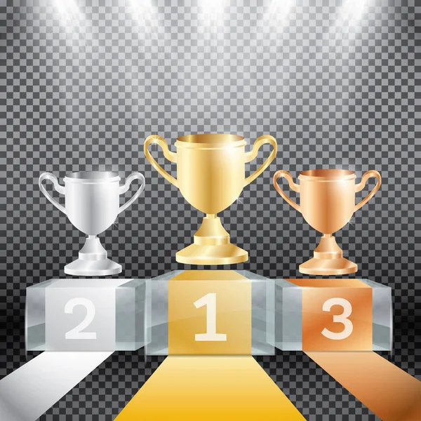 Winner Podium with Spotlights and Cup on Transparent Background. — Stock Vector