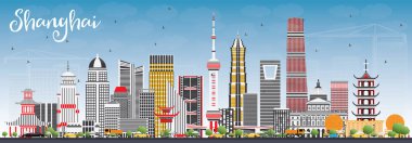Shanghai manzarası renkli binalar ve mavi gökyüzü ile.