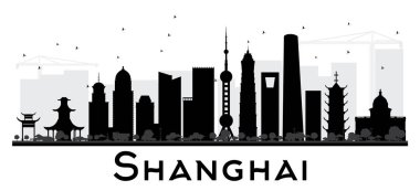 Shanghai şehir manzarası siyah beyaz siluet.