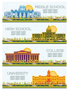 Üniversite, yüksek okul ve üniversite çalışma afiş kümesi.