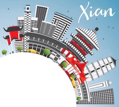 Xian manzarası gri binalar, mavi gökyüzü ve kopya alanı.