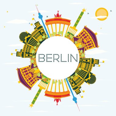 Berlin siluetinin renk binalar, mavi gökyüzü ve kopya alanı.