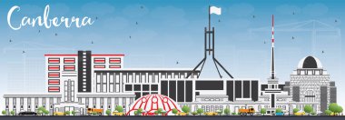 Canberra manzarası gri binalar ve mavi gökyüzü ile.