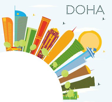 Doha manzarası renkli binalar, mavi gökyüzü ve kopya alanı.