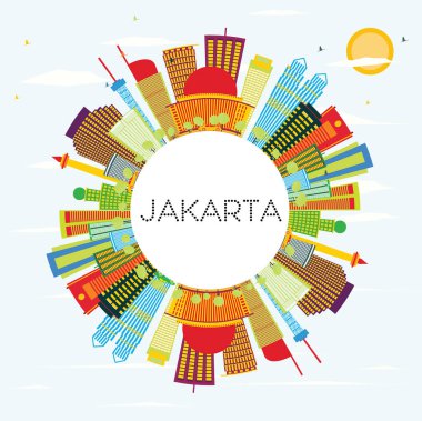 Jakarta manzarası renkli binalar, mavi gökyüzü ve kopya alanı.