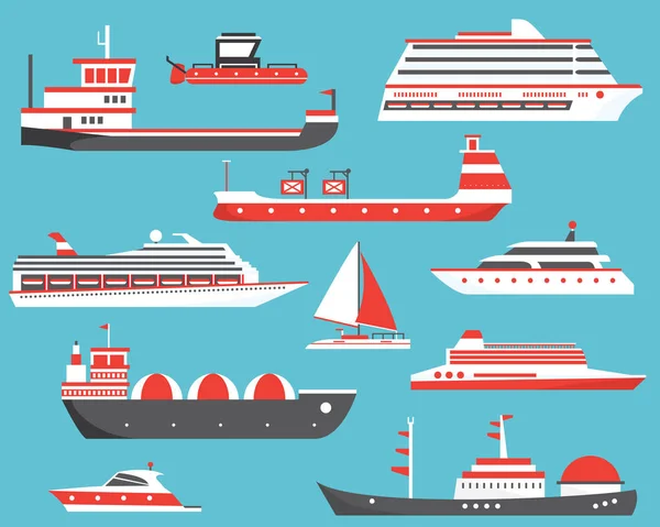 Hajók beállítása. Olajszállító tartályhajó, Yacht, ömlesztettáru-szállító hajó, gáz tartály és régimódi — Stock Vector