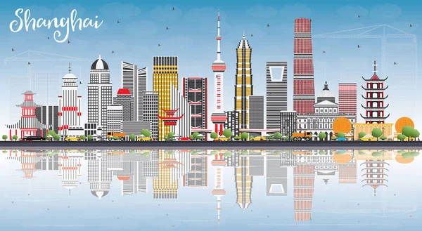 Skyline di Shanghai con edifici a colori, cielo blu e riflessioni . — Vettoriale Stock