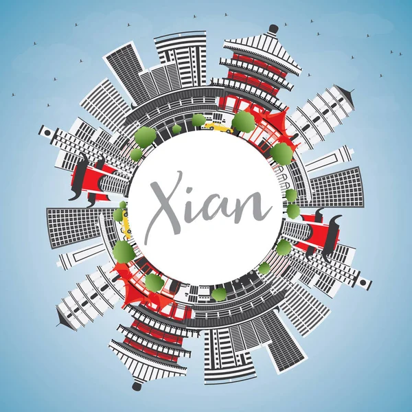 Xian manzarası gri binalar, mavi gökyüzü ve kopya alanı.