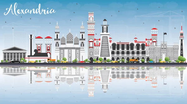 Alexandria manzarası ile gri binalar, mavi gökyüzü ve yansımaları