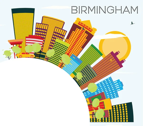 Birmingham Skyline with Color Buildings, Blue Sky and Copy Space — Stock Vector