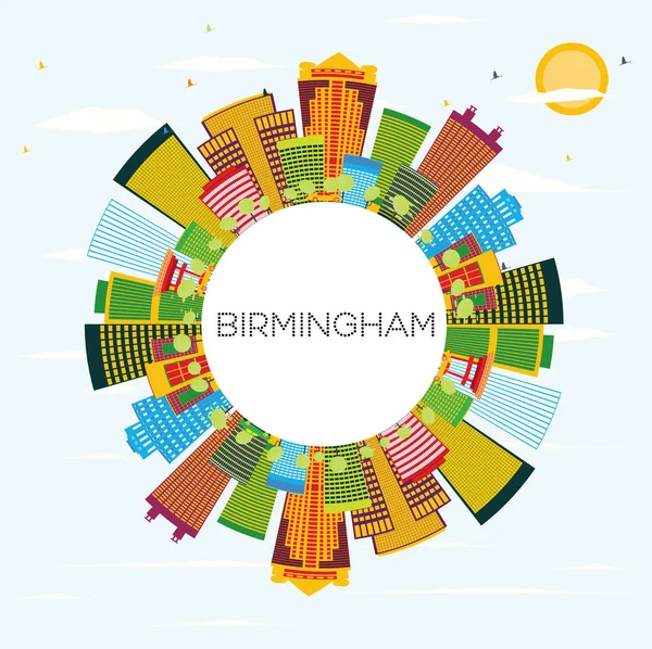 Panoramę Birmingham z kolor budynków, Błękitne niebo i miejsce — Wektor stockowy