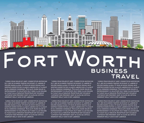 Fort Worth Skyline med grå byggnader, blå himmel och kopia utrymme. — Stock vektor