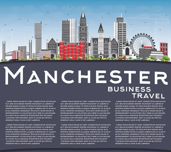 Manchester Skyline avec bâtiments gris, ciel bleu et espace de copie . — Image vectorielle