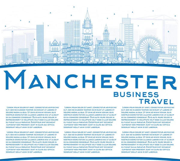Kontur Manchester Skyline med blå byggnader och kopia utrymme. — Stock vektor
