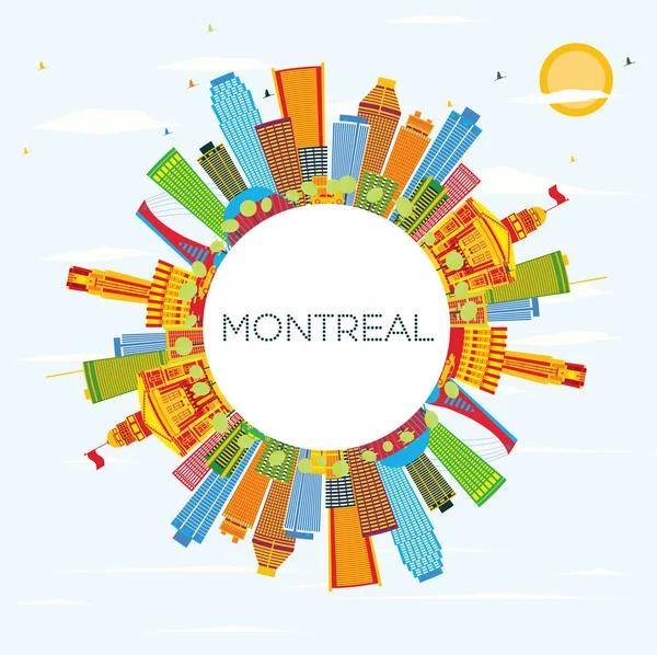 Montreal manzarası renkli binalar, mavi gökyüzü ve kopya alanı.