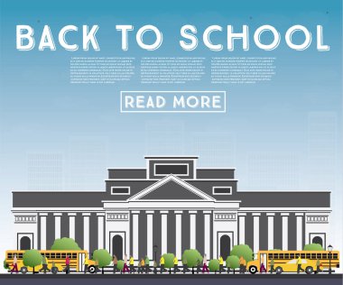 Okula dönüş. Okul otobüsü, Bina ve öğrenciler ile banner.