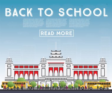 Okula dönüş. Okul otobüsü, Bina ve öğrenciler ile banner.