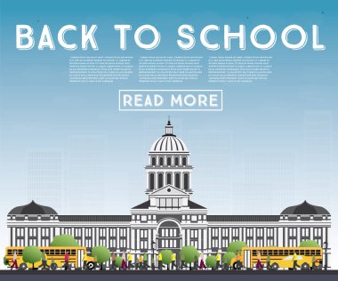 Okula dönüş. Okul otobüsü, Bina ve öğrenciler ile banner.