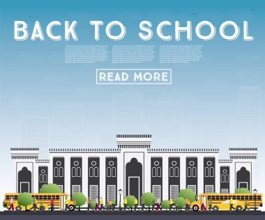 Okula dönüş. Okul otobüsü, Bina ve öğrenciler ile banner.