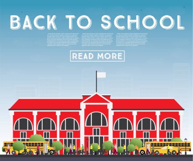 Okula dönüş. Okul otobüsü, Bina ve öğrenciler ile banner.