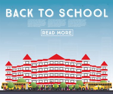 Okula dönüş. Okul otobüsü, Bina ve öğrenciler ile banner.