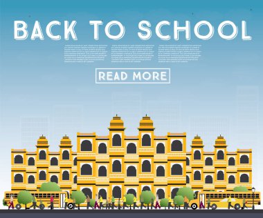 Okula dönüş. Okul otobüsü, Bina ve öğrenciler ile banner.