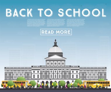 Okula dönüş. Okul otobüsü, Bina ve öğrenciler ile banner.