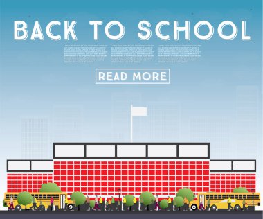 Okula dönüş. Okul otobüsü, Bina ve öğrenciler ile banner.