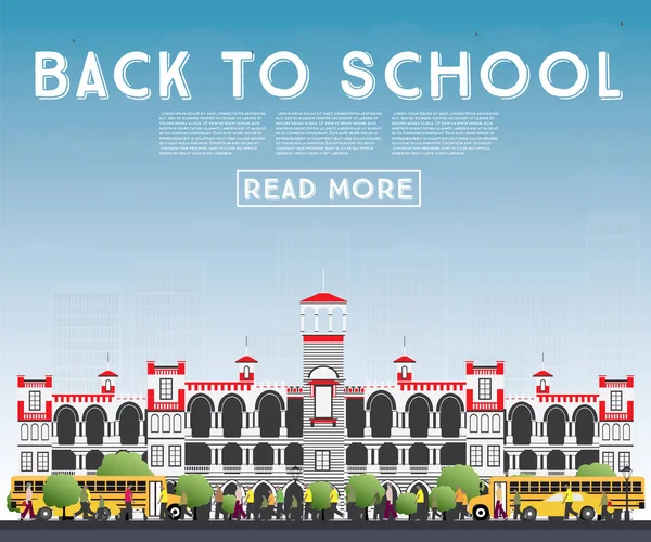 Назад в школу. Баннер со школьным автобусом, зданием и студентами . — стоковый вектор