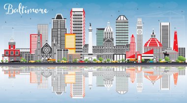 Baltimore Skyline with Gray Buildings, Blue Sky and Reflections. clipart