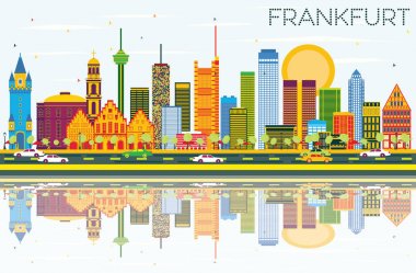 Frankfurt manzarası renkli binalar, mavi gökyüzü ve yansımaları ile