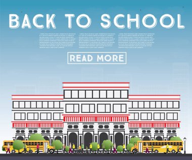 Okula dönüş. Okul otobüsü, Bina ve öğrenciler ile banner.