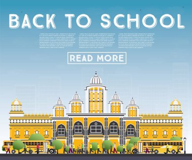 Okula dönüş. Okul otobüsü, Bina ve öğrenciler ile banner.