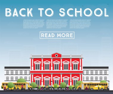 Okula dönüş. Okul otobüsü, Bina ve öğrenciler ile banner.