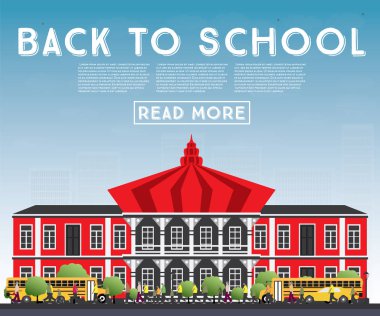 Okula dönüş. Okul otobüsü, Bina ve öğrenciler ile banner.