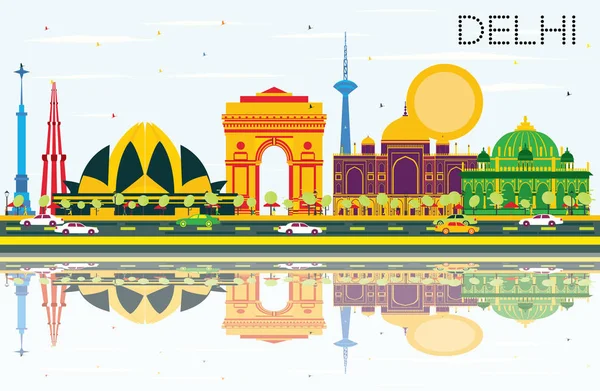 Delhi India Skyline met kleur gebouwen, blauwe hemel en Reflectio — Stockvector