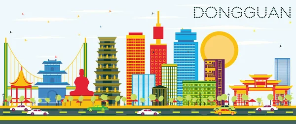 Dongguan Skyline színes épületek és a kék ég. — Stock Vector