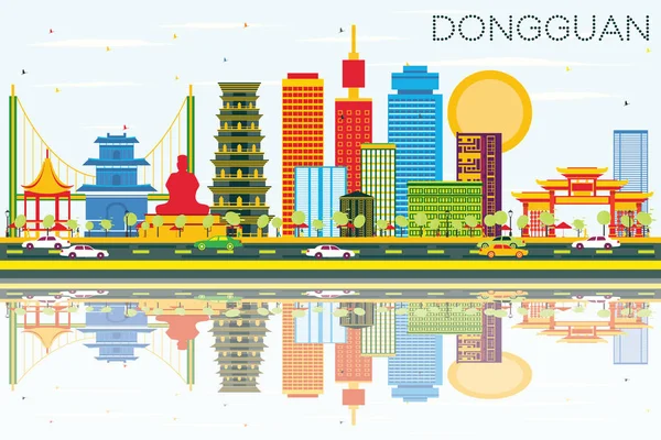 Dongguan Panorama s barvou budov, modrá obloha a odrazy. — Stockový vektor
