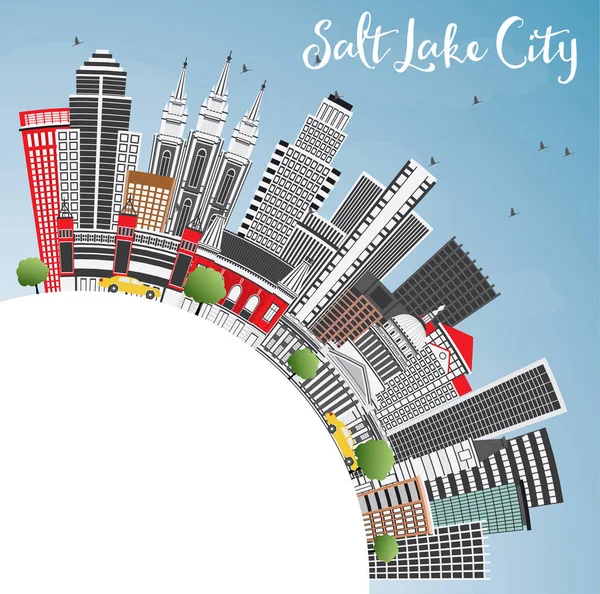 Salt Lake City Skyline met grijs gebouwen, blauwe hemel en kopie Sp — Stockvector