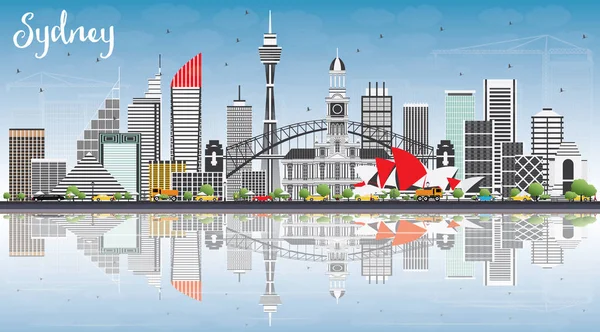 Sydney Ausztrália Skyline épületek szürke, kék ég és a Refle — Stock Vector