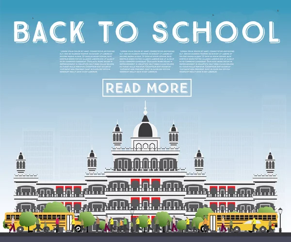 Назад в школу. Баннер со школьным автобусом, зданием и студентами . — стоковый вектор