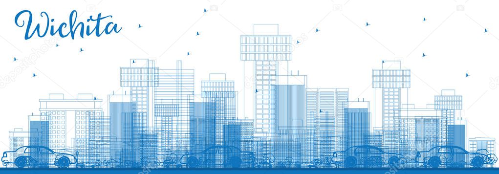 Outline Wichita Skyline with Blue Buildings.
