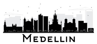 Medellin şehir manzarası siyah beyaz siluet.
