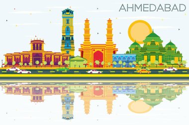 Ahmedabad manzarası renkli binalar, mavi gökyüzü ve yansımaları ile