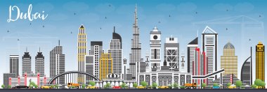 Dubai Birleşik Arap Emirlikleri manzarası gri binalar ve mavi gökyüzü ile.
