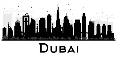 Dubai Birleşik Arap Emirlikleri şehir manzarası siyah beyaz siluet.