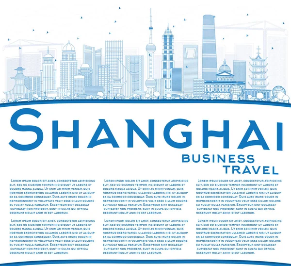 Контур Шанхай Китай Skyline с голубыми зданиями и копировать Spac — стоковый вектор